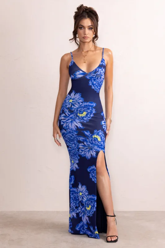 Farah | Blue Floral Print Plunge Neck Maxi Dress With Split Detail sold by Club L London