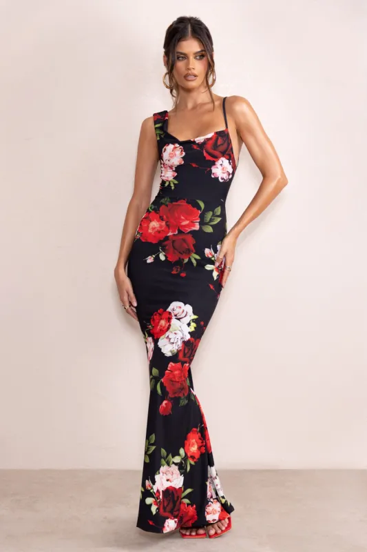Phantasy | Black Floral Print Asymmetric Neckline Cowl Maxi Dress sold by Club L London