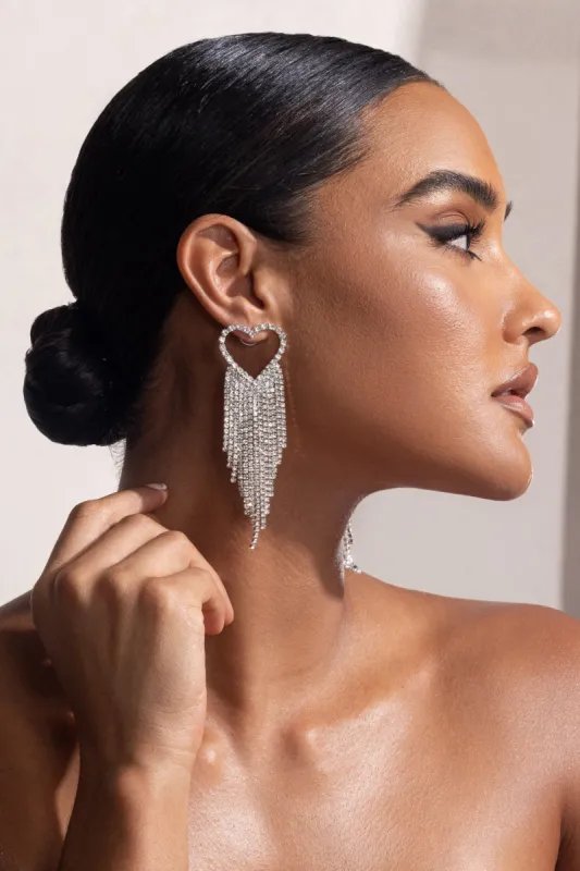 Vivia | Silver Diamante Heart Shape Tassel Drop Earrings sold by Club L London