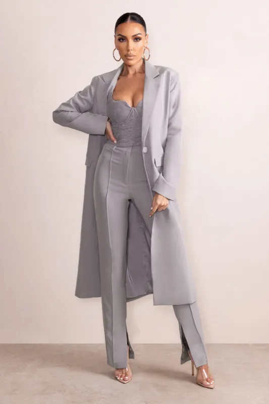 Freya | Slate Grey Longline Tailored Jacket With Side Splits sold by Club L London
