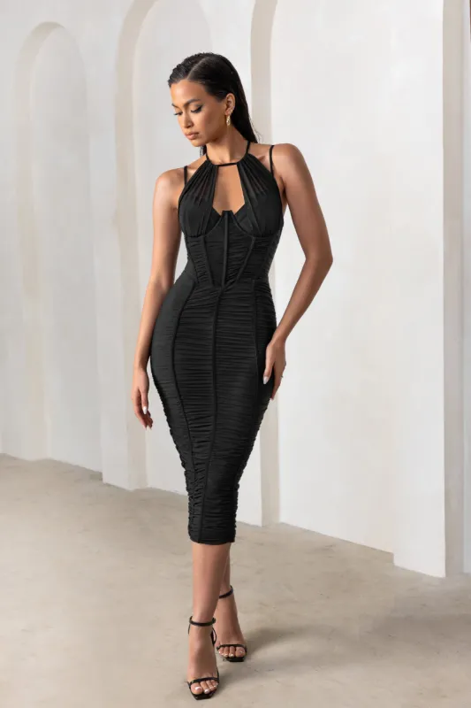 Liveliness | Black Halter Neck Midi Dress With Mesh Overlay sold by Club L London