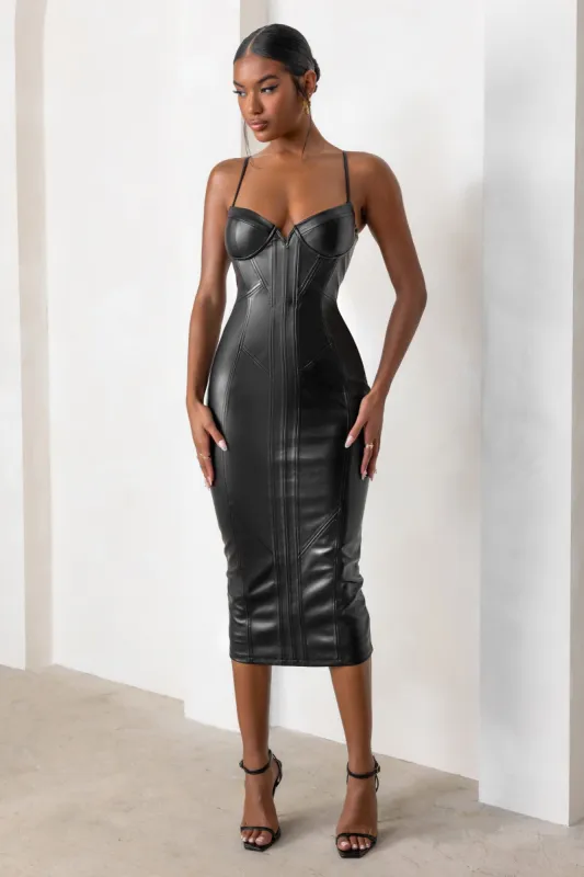 Haute Couture | Black Faux Leather Cami Sweetheart Neckline Midi Dress sold by Club L London