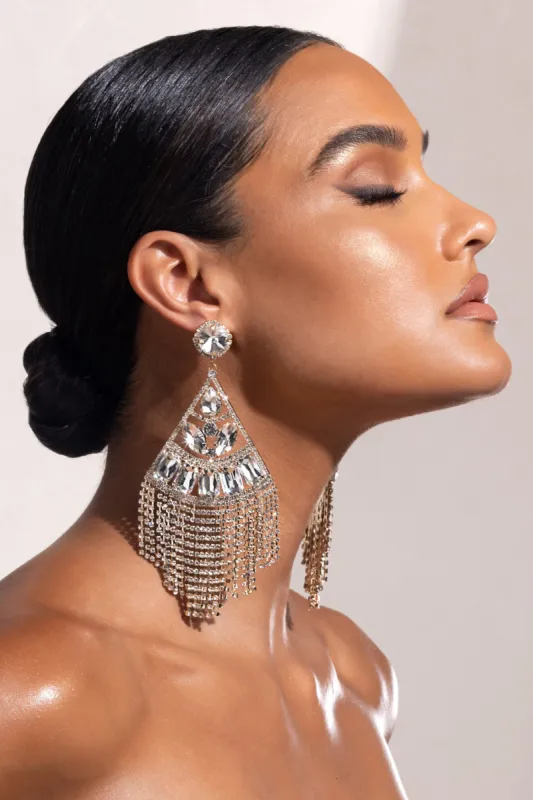 Maddalena | Gold Statement Crystal Drop Tassel Earrings sold by Club L London