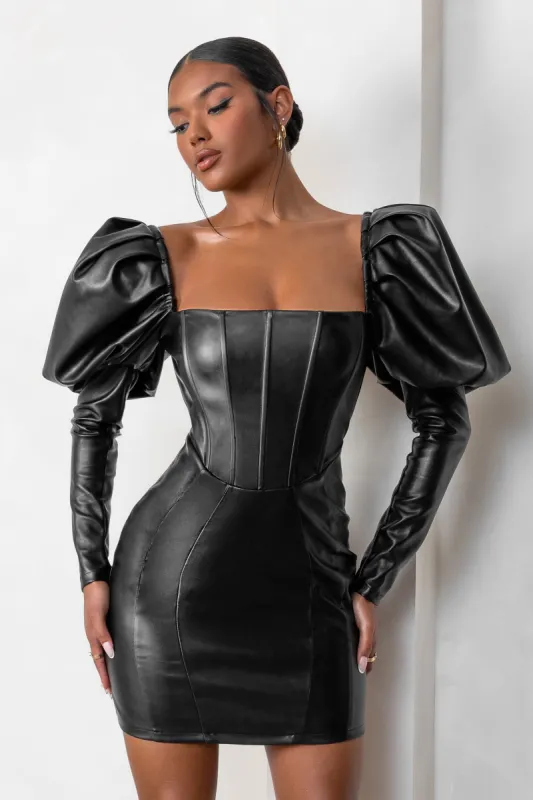 Karyme | Black Faux Leather Puff Sleeve Mini Dress With Corset Detail sold by Club L London
