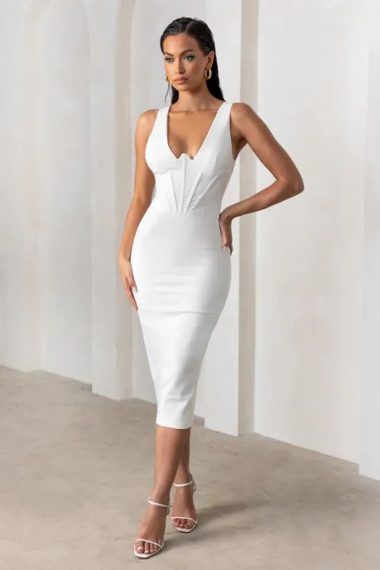 Feeling Good | White Plunge Neck Corset Midi Dress sold by Club L London