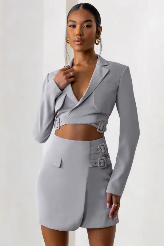 Jet Set | Dove Grey Belt Strap Pocket Detail Mini Skirt sold by Club L London