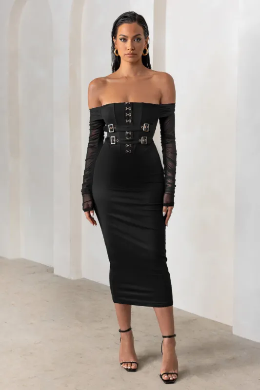 Precious Treasure | Black Bardot Corset Buckle Detail Midi Dress With Mesh Sleeves sold by Club L London