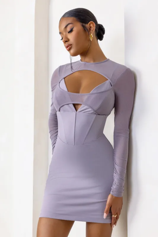 This Moment | Taupe High Neck Cut Out Mini Dress With Mesh Sleeves sold by Club L London