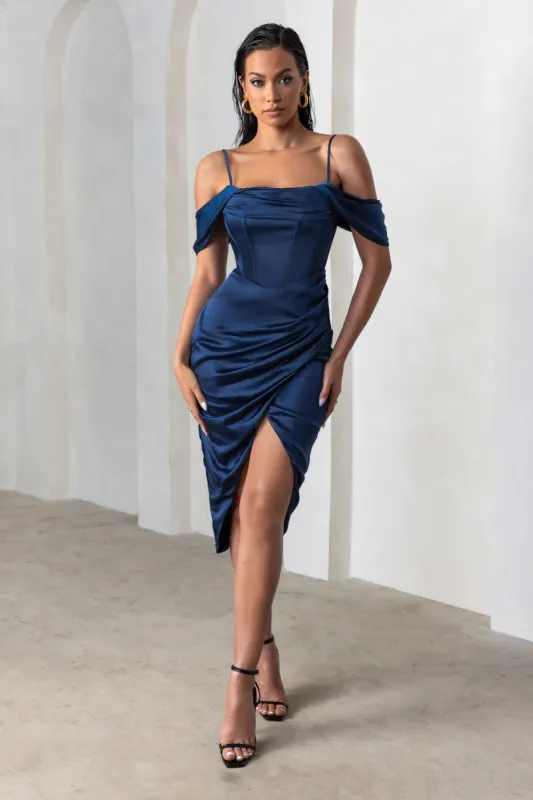 Deserving | Navy Satin Bardot Sleeve Corset Wrap Midi Dress sold by Club L London