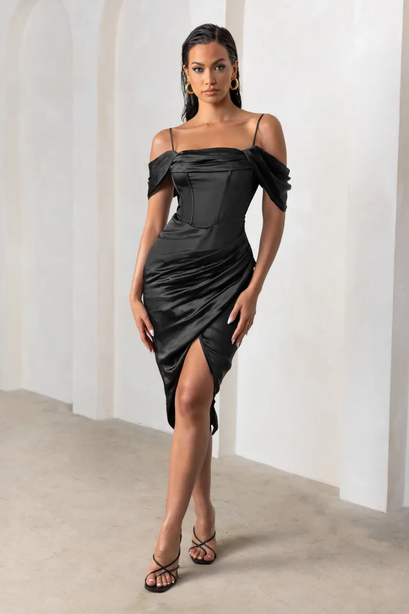 Deserving Black Satin Bardot Sleeve Corset Wrap Midi Dress Parallel