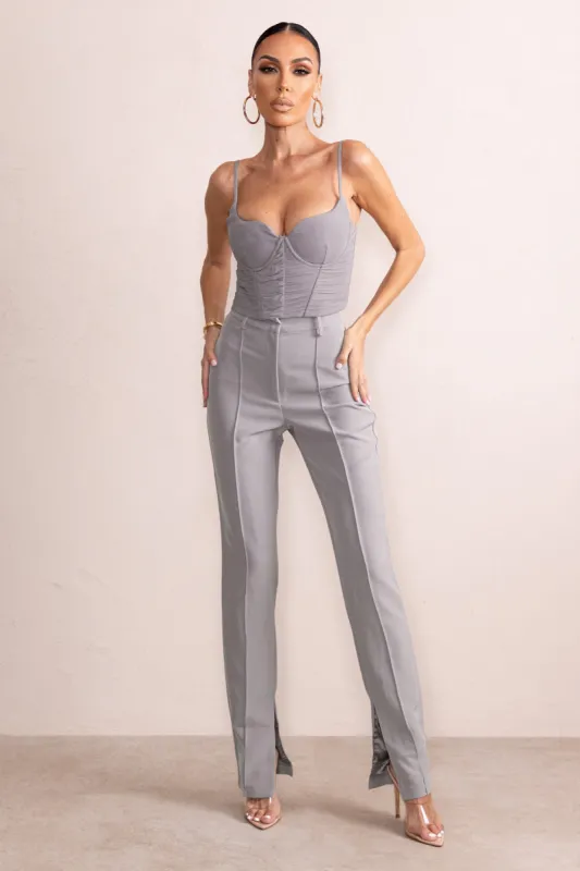 Wonder Woman | Slate Grey High Waist Straight Leg Trousers With Hem Split sold by Club L London