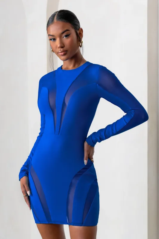 Grand Style | Royal Blue Mesh High Neck Cut Out Long Sleeves Mini Dress sold by Club L London