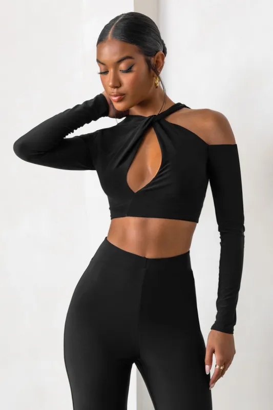 Old Hollywood | Black Cut Out Back Tie Detail Crop Top With Long Sleeves made by Club L London