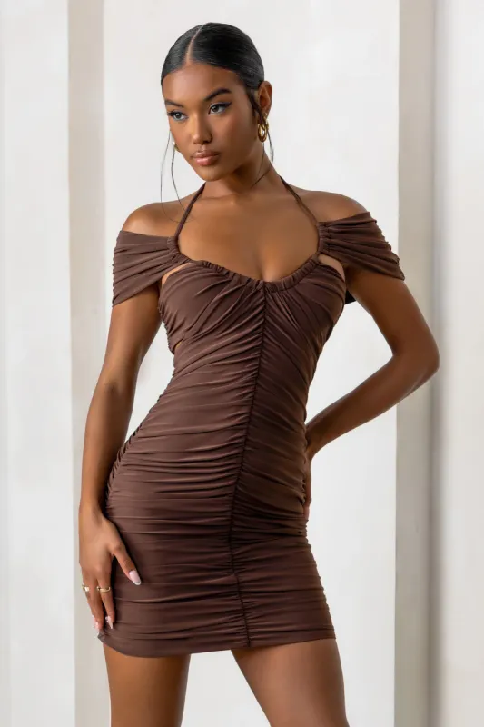 Catch Me | Chocolate Brown Bardot Ruched Mini Dress sold by Club L London