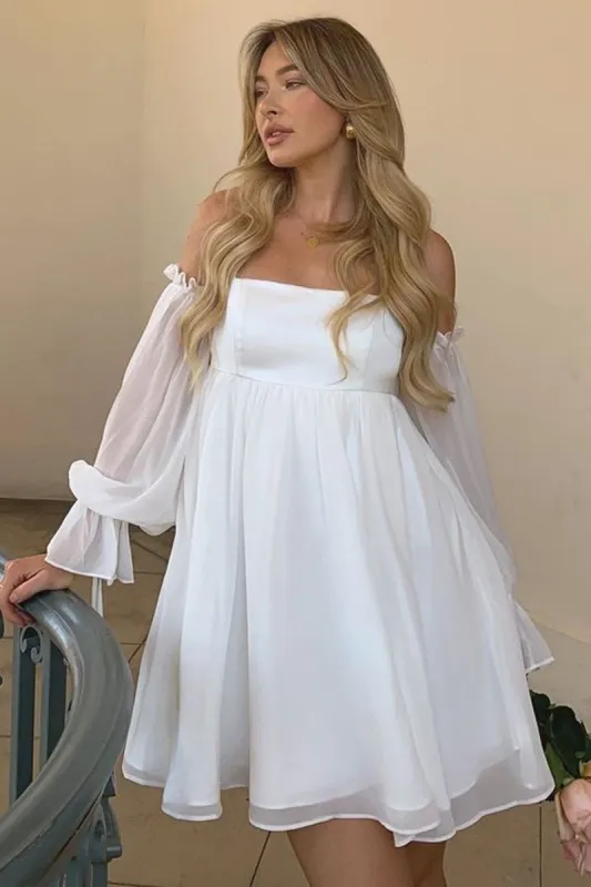 Daydream | White Satin Babydoll Mini Dress With Chiffon Sleeves sold by Club L London