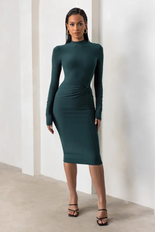 Endless Shapes | Bottle Green High Neck Long Sleeves Midi Dress With Skirt Twist Detail sold by Club L London