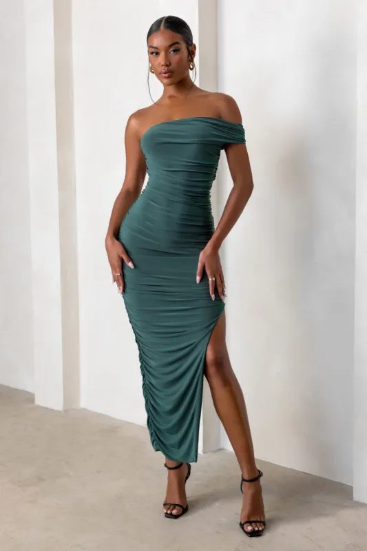Celine | Forest Green Asymmetric One Shoulder Ruched Maxi Dress With Curved Cut Out sold by Club L London