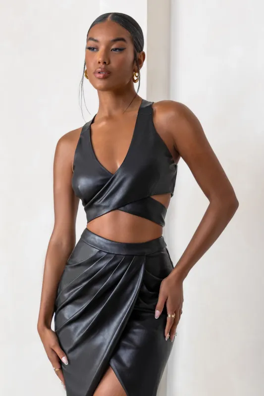 Envisioned | Black Faux Leather Plunge Neck Side Cut Wrap Crop Top sold by Club L London