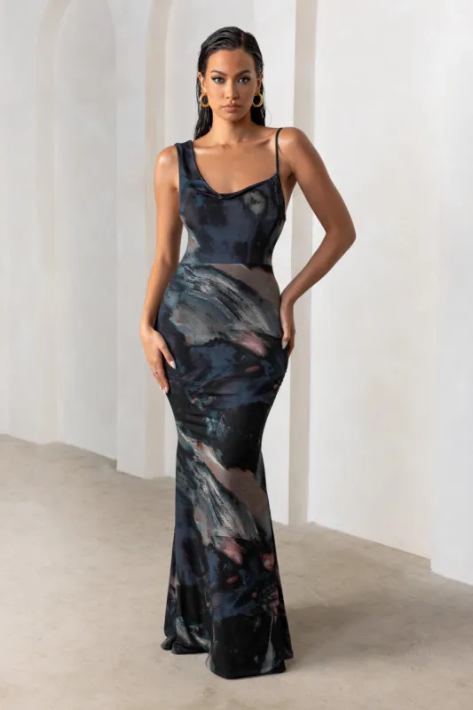 Phantasy | Black Abstract Print Asymmetric Neckline Cowl Maxi Dress sold by Club L London