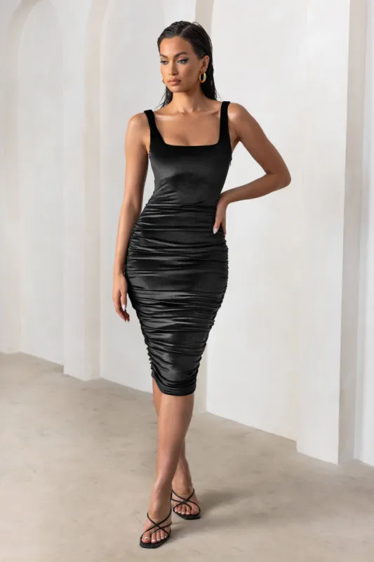 Beauty | Black Velvet Square Neck Bodycon Midi Dress sold by Club L London