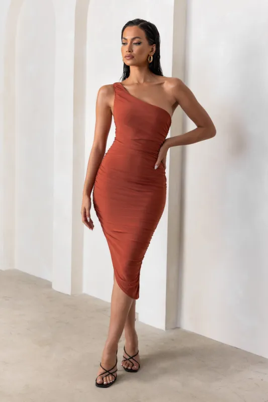 Late Night | Rust Asymmetric One Shoulder Ruched Midi Dress sold by Club L London