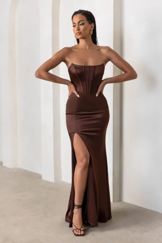 Sensual Notes | Chocolate Brown Satin Strapless Corset Thigh Split Maxi Dress sold by Club L London