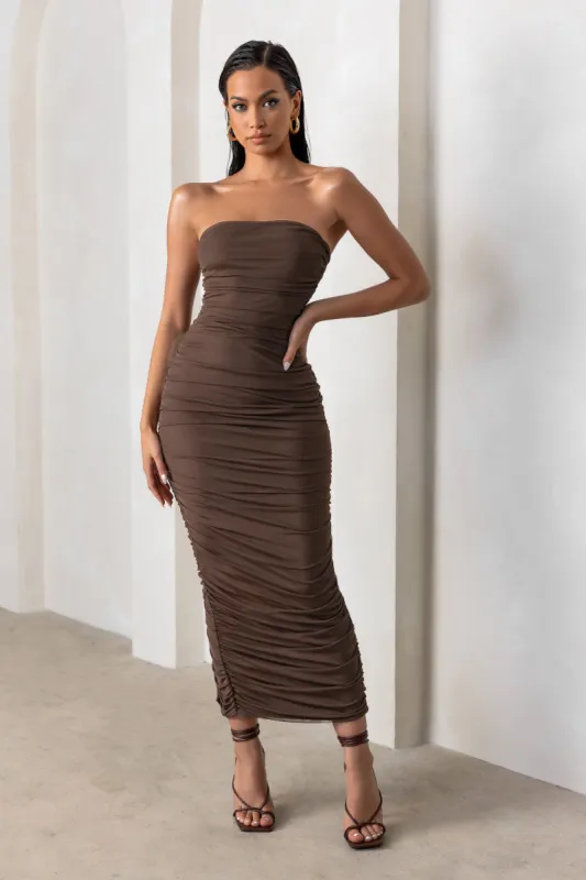 My Lady | Chocolate Brown Strapless Bodycon Ruched Mesh Maxi Dress sold by Club L London