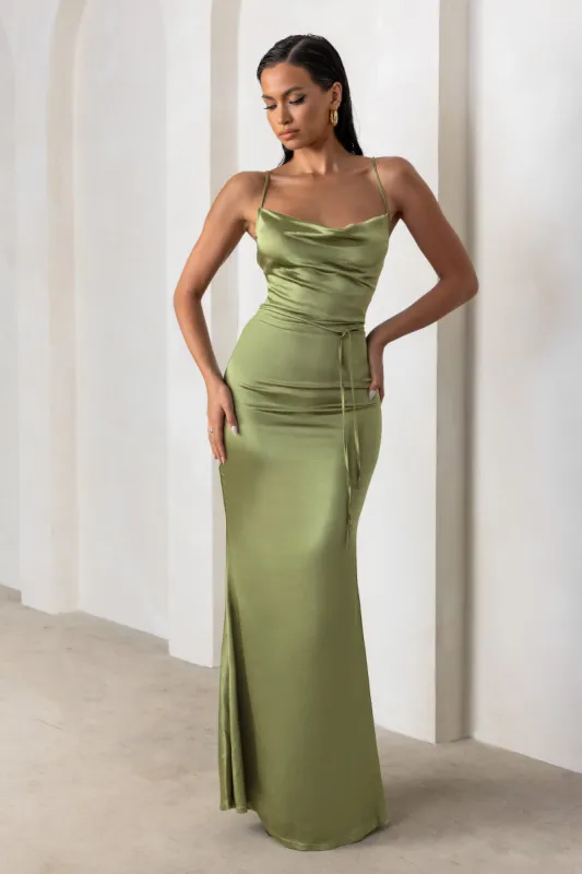 Lifetime | Olive Satin Cowl Neck Maxi Dress With Cross Back Detail sold by Club L London