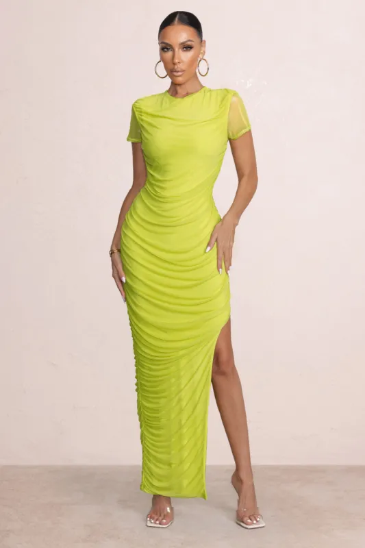 Stylin' | Lime T-Shirt Style Midi Dress With Mesh Overlay And Curved Skirt sold by Club L London