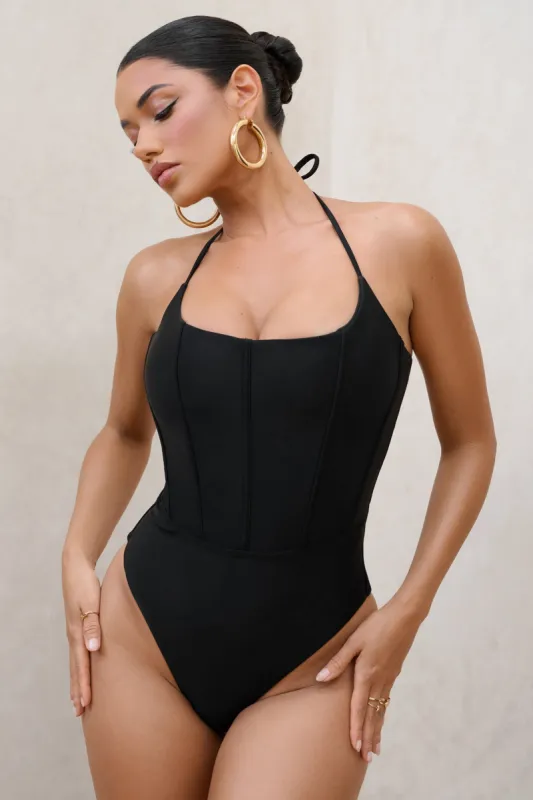After Sun | Black Corset Halter Swimsuit sold by Club L London