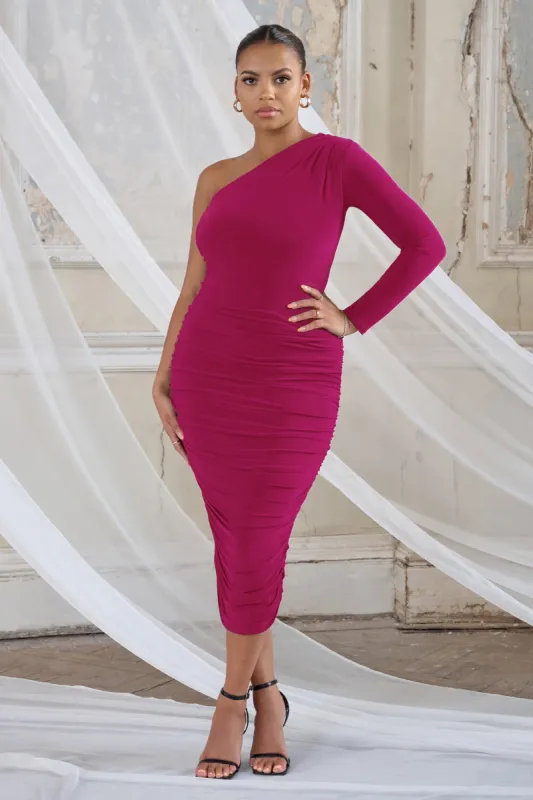 In The Shadows | Hot Pink One Sleeve Midi Dress With Ruching Detail sold by Club L London