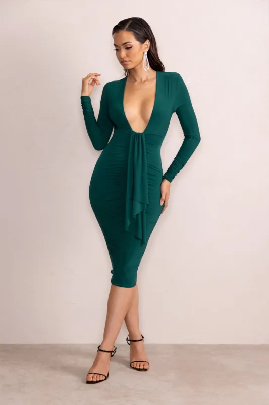 Inspirational | Bottle Green Plunge Neck Long Sleeves Ruched Midi Dress With Drape Detail sold by Club L London