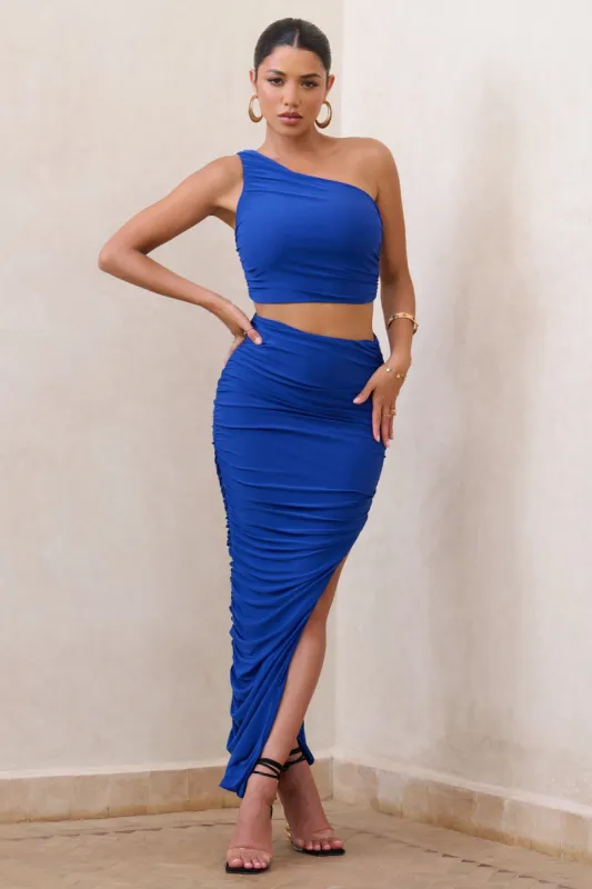 Moon Star | Royal Blue Side Split Ruched Maxi Skirt sold by Club L London