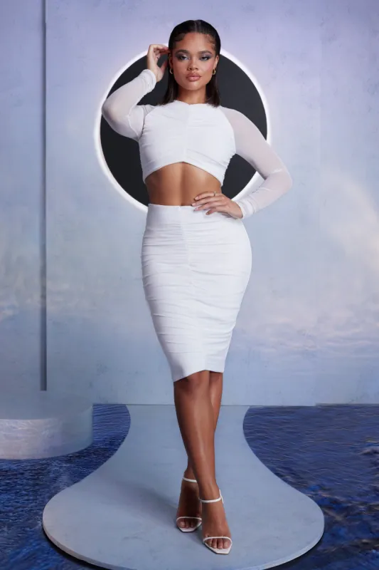 Only Perfection | White Ruched Mesh Midi Skirt sold by Club L London