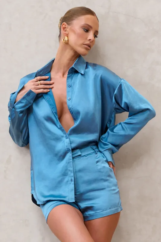 Limitless | Blue Oversized Long Sleeve Satin Shirt With Placement Pocket sold by Club L London