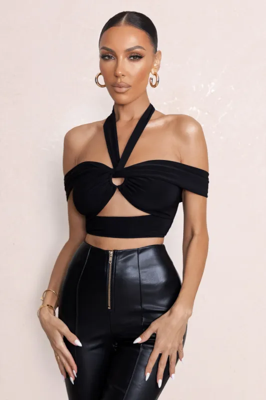 Good Vibes | Black Bardot Halter Neck Cut Out Crop Top sold by Club L London