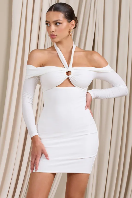 Never Stopping | White Bardot Halter Neck Cut Out Mini Dress sold by Club L London