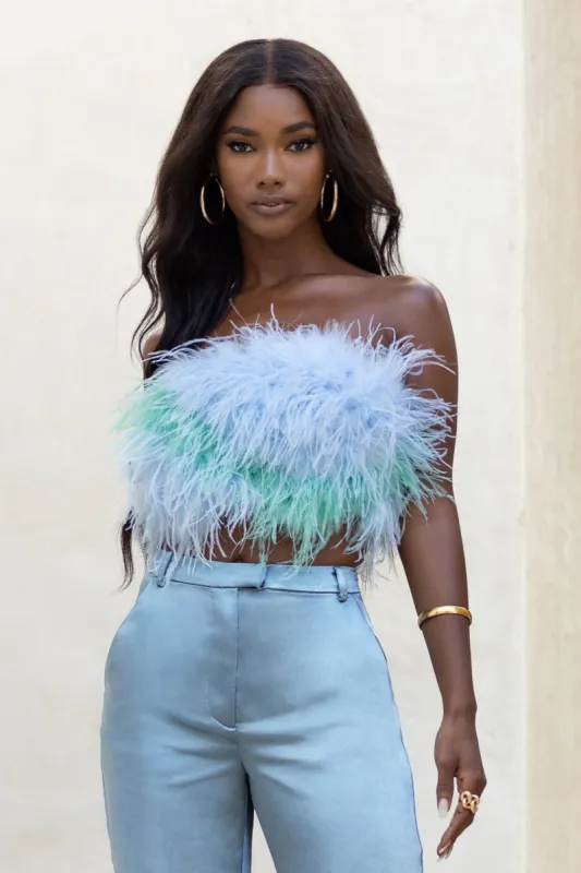 Dream Daze | Powder Blue and Mint Mix Feather Bandeau Crop Top sold by Club L London