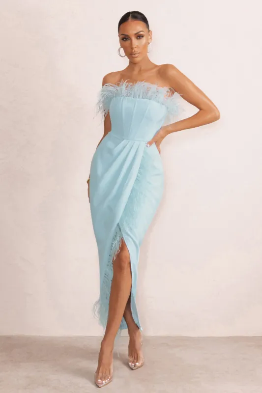 Cosmo | Powder Blue Bandeau Corset Maxi Dress With Feather Trim sold by Club L London