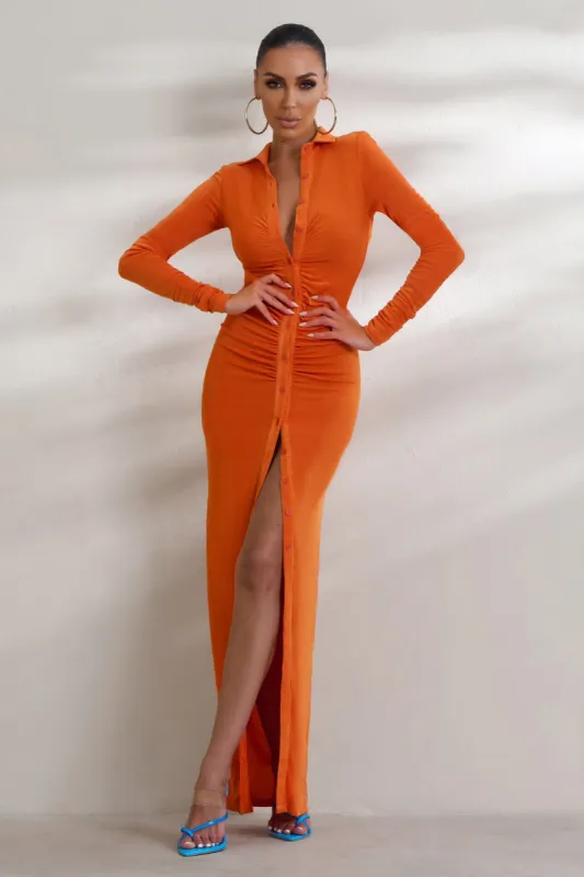 Restless Heart | Orange Plunge Neck Ruched Detail Maxi Dress sold by Club L London