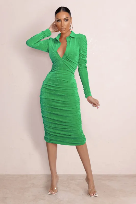 The Exception | Green Ruched Placket Front Midi Dress With Long Sleeves sold by Club L London