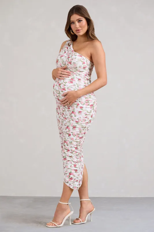 Late Night | Rose Printed Maternity Ruched One Shoulder Midi Dress sold by Club L London