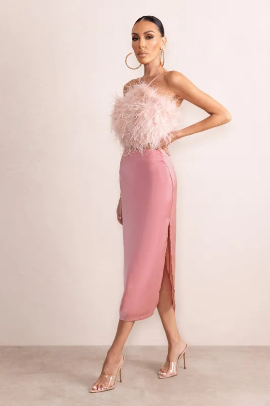 Look At Me | Pink Satin Side Split Midi Skirt sold by Club L London