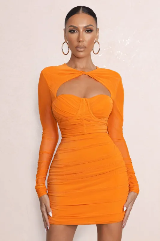 Daiquiri | Orange Cut Out Ruched Mesh Mini Dress With Long Sleeves sold by Club L London