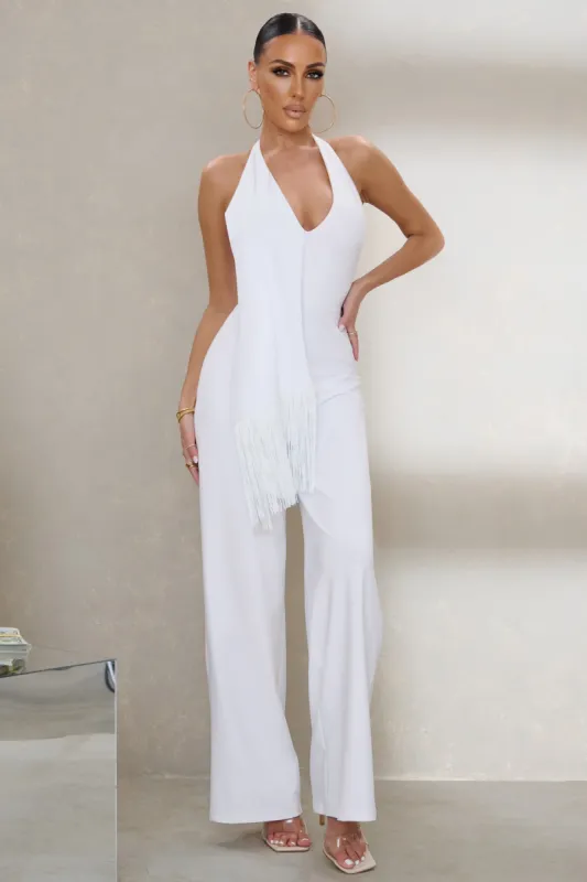 Unforgettable | White Jumpsuit With Tassel Drape Detail sold by Club L London