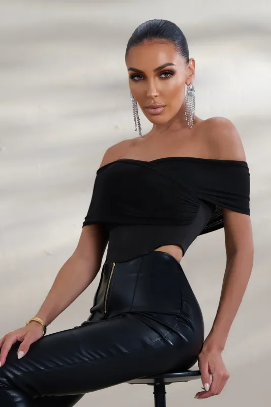 Etoile | Black Mesh Bardot Corset Style Crop Top sold by Club L London