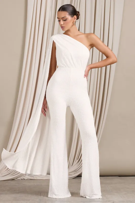Lyrical | White Sequin Straight Leg Jumpsuit With Cape sold by Club L London