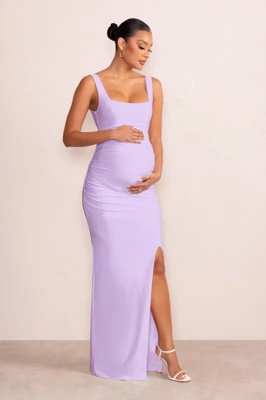 Avril | Lilac Square Neck Maternity Maxi Dress with Split sold by Club L London