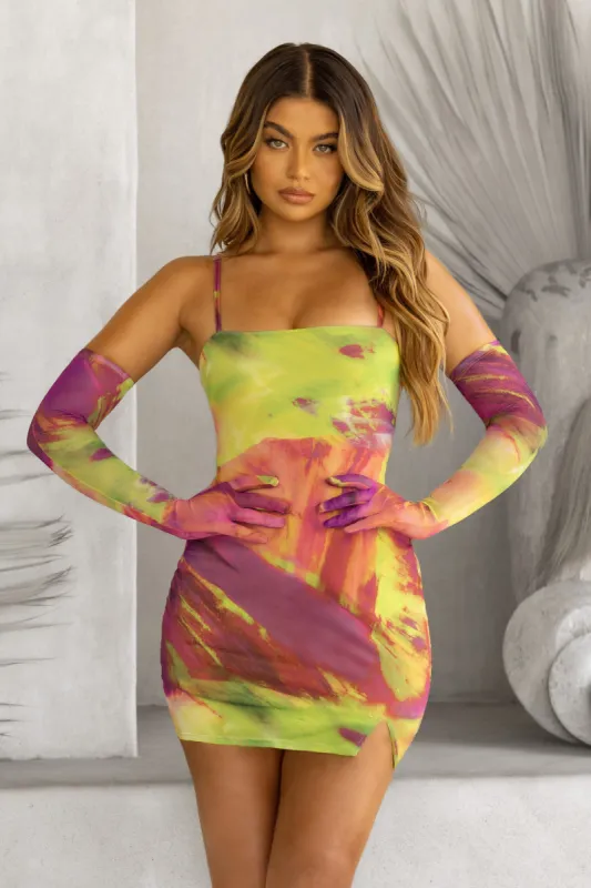 Heat Wave | Lime Print Square Neck Bodycon Mini Dress With Split Hem sold by Club L London
