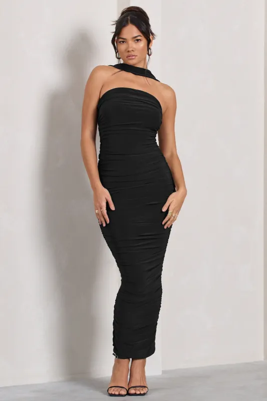 Entranced | Black Ruched Bandeau Midi Dress With Halter Collar sold by Club L London